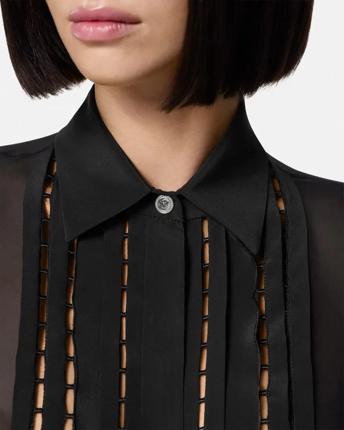 Silk Georgette Lavallire Long Shirt Black Women Versace Shirts and Tops
