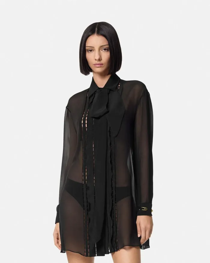 Silk Georgette Lavallire Long Shirt Black Women Versace Shirts and Tops