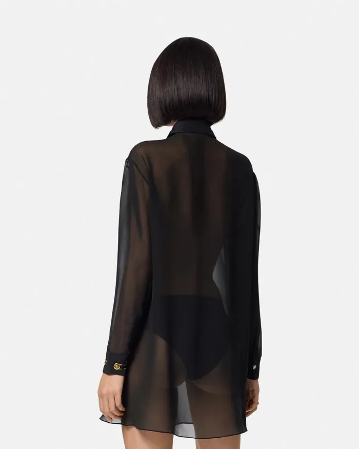 Silk Georgette Lavallire Long Shirt Black Women Versace Shirts and Tops