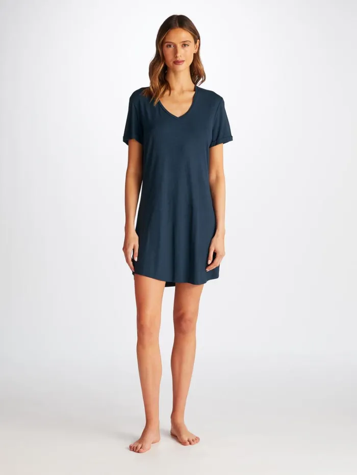 Sleep TShirts Women Derek Rose VNeck Sleep TShirt Lara Micro Modal Stretch Navy