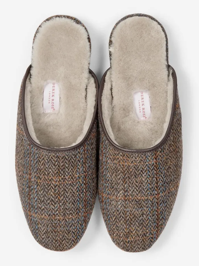 Slippers MenSlippers Derek Rose Mule Slippers Douglas 2 Harris Tweed Sheepskin Beige
