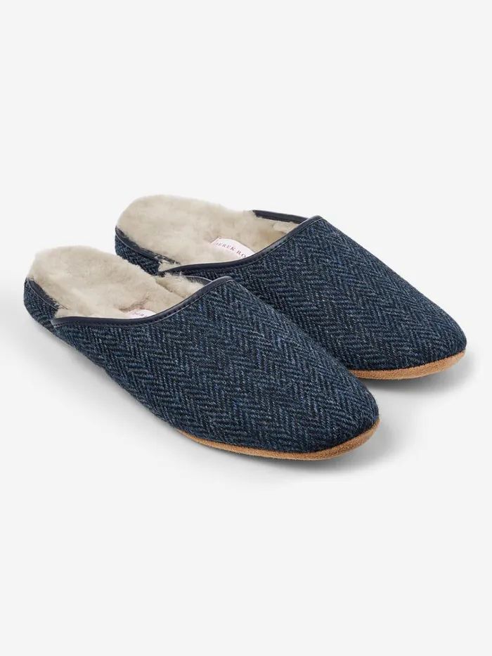 Slippers MenSlippers Derek Rose Mule Slippers Douglas 2 Harris Tweed Sheepskin Navy Slippers MenSlippers Derek Rose Mule Slippers Douglas 2 Harris Tweed Sheepskin Navy