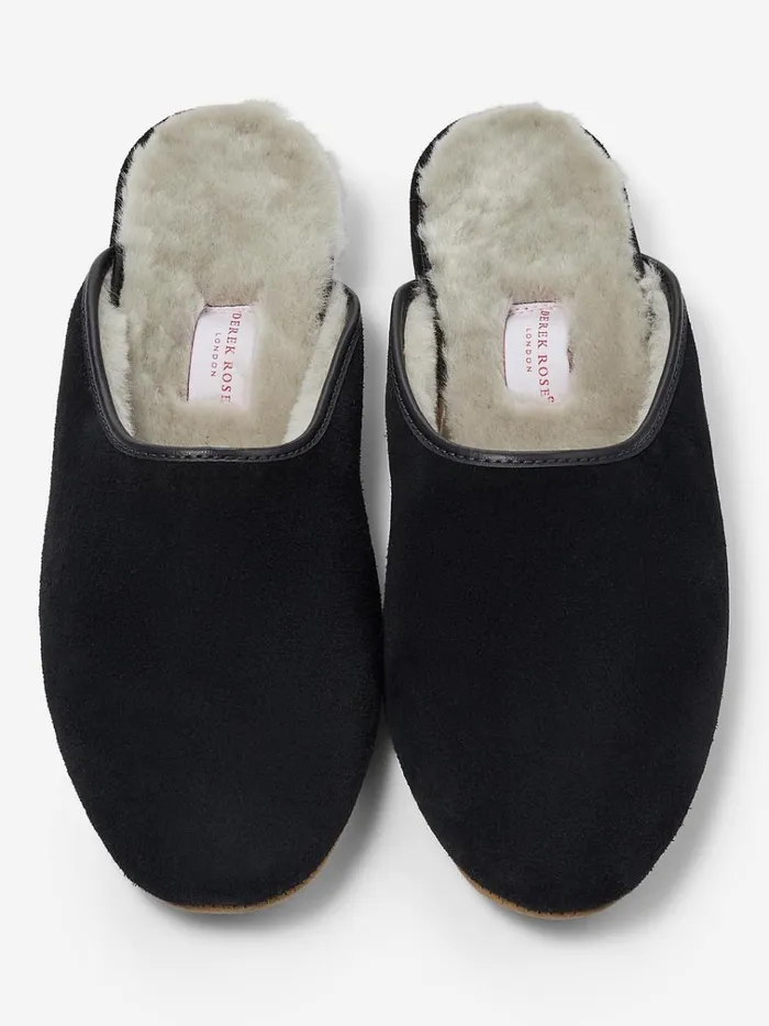 Slippers MenSlippers Derek Rose Mule Slippers Douglas Suede Sheepskin Black