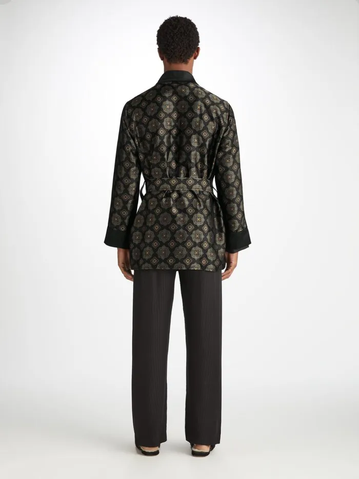 Smoking Jackets Men Derek Rose Smoking Jacket Verona 69 Silk Satin Black