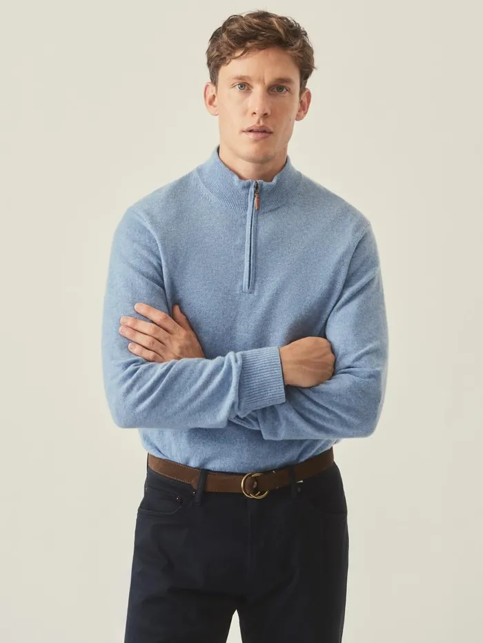 Sweaters Men JMcLaughlin Henry Cashmere 14 Zip Washed Denim Sweaters Men JMcLaughlin Henry Cashmere 14 Zip Washed Denim