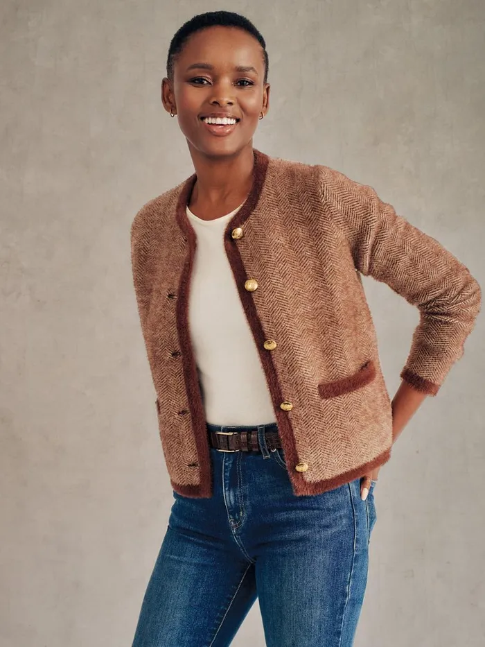 Sweaters Women JMcLaughlin Inez Cardigan In Herringbone Jacquard Brownoff White