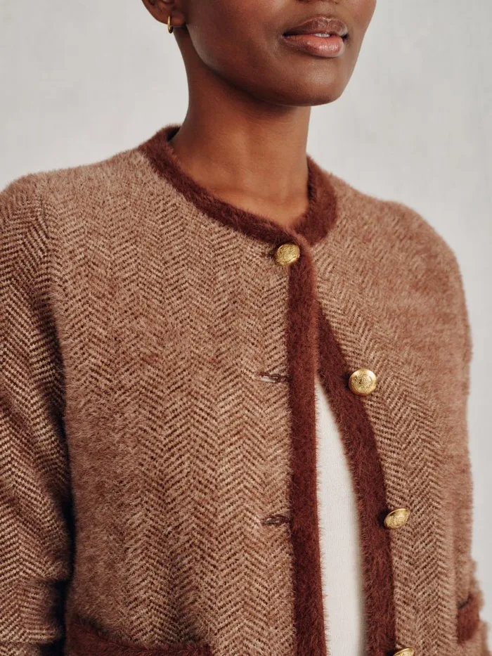 Sweaters Women JMcLaughlin Inez Cardigan In Herringbone Jacquard Brownoff White