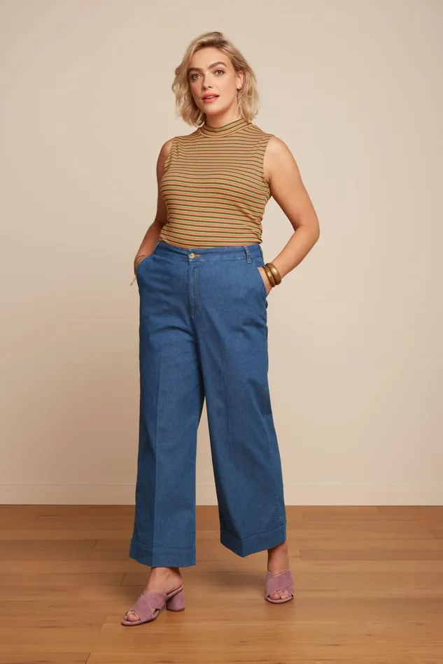 Trousers Women King Louie Lisa Culotte Chambray Denim Blue 8211 Chambray