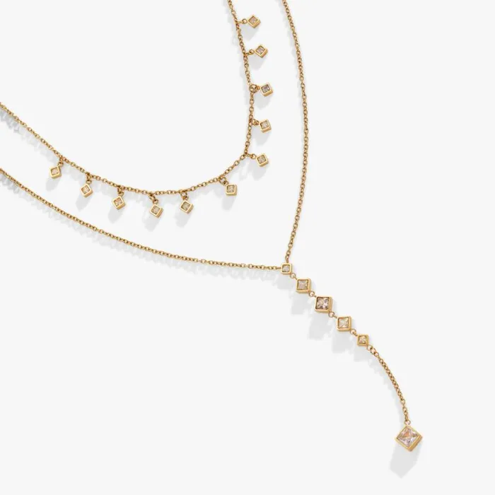 TwoLayered Princess Cut Crystal Necklace Stainless Steel Gold Women Alex And Ani Necklaces TwoLayered Princess Cut Crystal Necklace Stainless Steel Gold Women Alex And Ani Necklaces