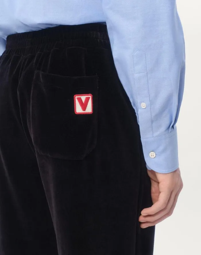 Valentino Activewear Man Chenille Jogging Pants With Chez Valentino Patch For Man In Black Black Valentino Activewear Man Chenille Jogging Pants With Chez Valentino Patch For Man In Black Black