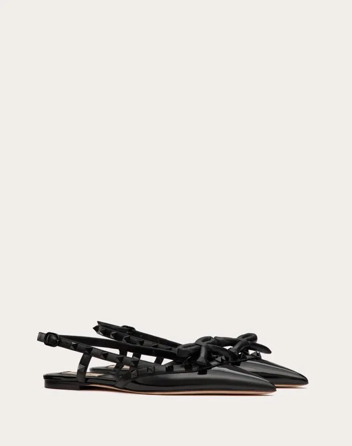 Valentino Ballerinas Woman Rockstud Bow Slingback Ballerina In Patent Leather With Toneontone Studs For Woman In Black Black