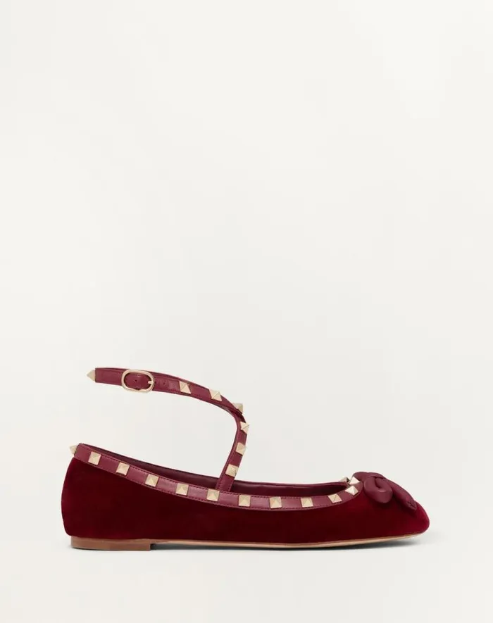 Valentino Ballerinas Woman Rockstud Velvet Ballerina For Woman In Cherry Red Cherry Red Valentino Ballerinas Woman Rockstud Velvet Ballerina For Woman In Cherry Red Cherry Red