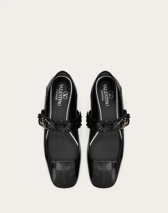 Valentino Ballerinas Woman Vlogo Locker Maryjane Ballerina In Eel With Flower Application For Woman In Black Black