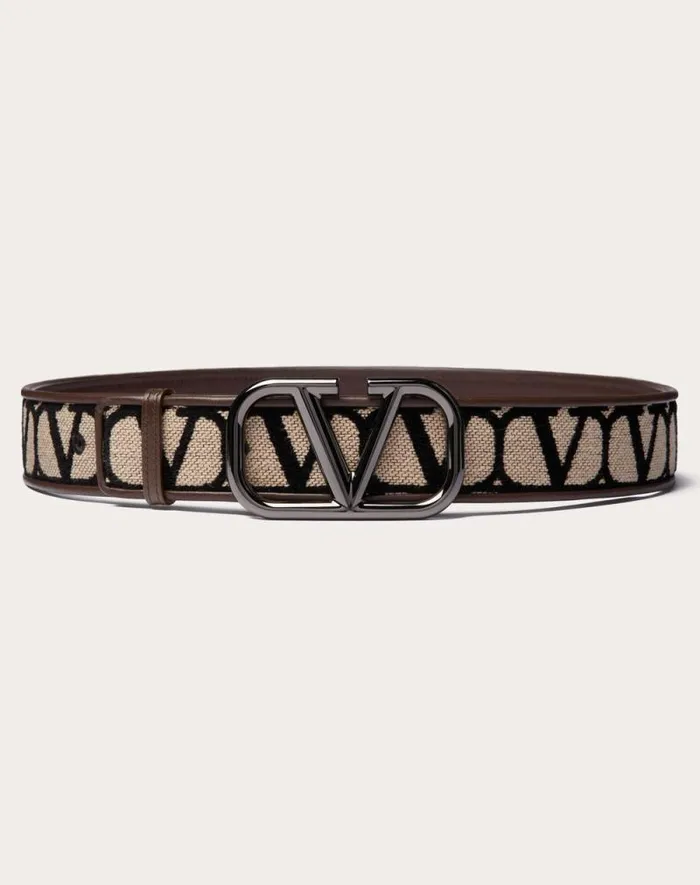 Valentino Belts Man Toile Iconographe Belt With Leather Detailing For Man In Beigeblack Beigeblack Valentino Belts Man Toile Iconographe Belt With Leather Detailing For Man In Beigeblack Beigeblack