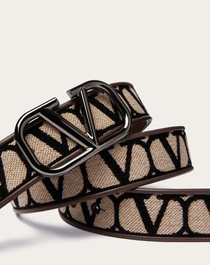 Valentino Belts Man Toile Iconographe Belt With Leather Detailing For Man In Beigeblack Beigeblack Valentino Belts Man Toile Iconographe Belt With Leather Detailing For Man In Beigeblack Beigeblack