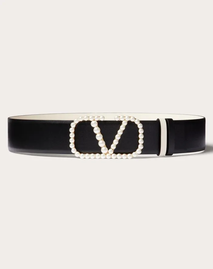 Valentino Belts Woman Vlogo Signature Reversible Belt In Shiny Calfskin With Pearls 40 Mm For Woman In Blacklight Ivory Blacklight Ivory Valentino Belts Woman Vlogo Signature Reversible Belt In Shiny Calfskin With Pearls 40 Mm For Woman In Blacklight Ivory Blacklight Ivory