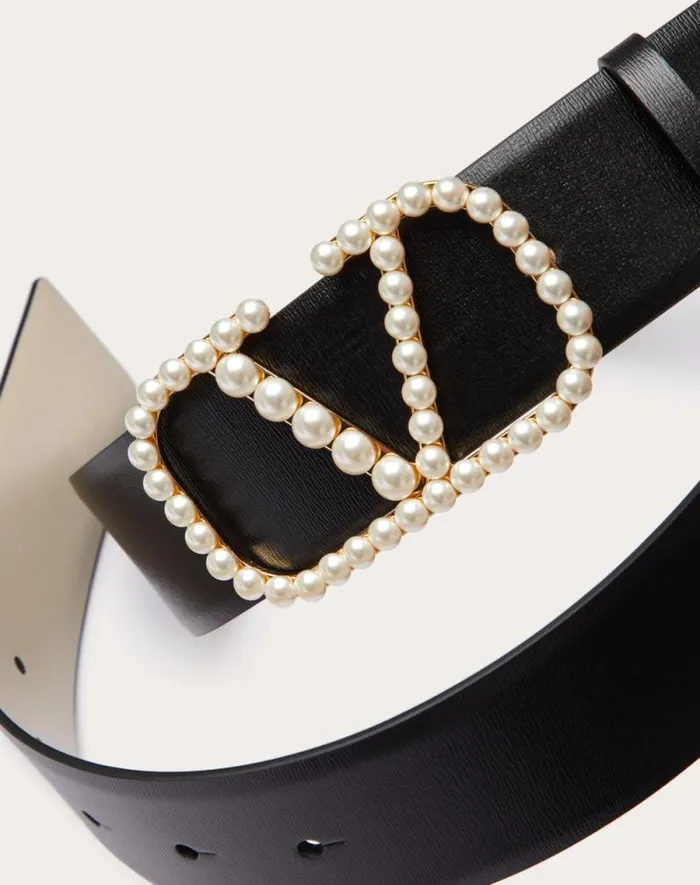 Valentino Belts Woman Vlogo Signature Reversible Belt In Shiny Calfskin With Pearls 40 Mm For Woman In Blacklight Ivory Blacklight Ivory Valentino Belts Woman Vlogo Signature Reversible Belt In Shiny Calfskin With Pearls 40 Mm For Woman In Blacklight Ivory Blacklight Ivory