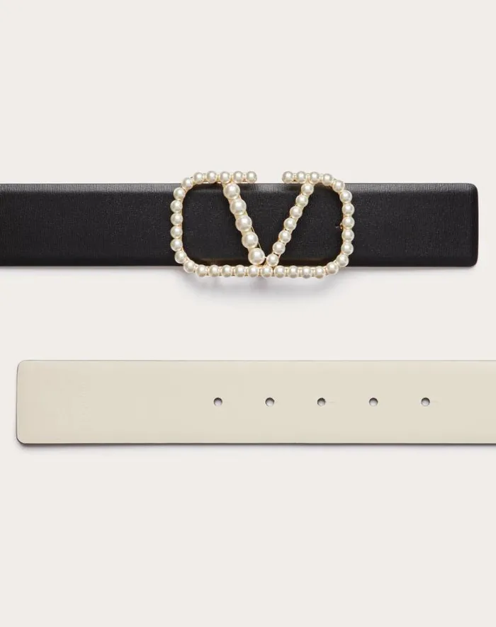 Valentino Belts Woman Vlogo Signature Reversible Belt In Shiny Calfskin With Pearls 40 Mm For Woman In Blacklight Ivory Blacklight Ivory Valentino Belts Woman Vlogo Signature Reversible Belt In Shiny Calfskin With Pearls 40 Mm For Woman In Blacklight Ivory Blacklight Ivory