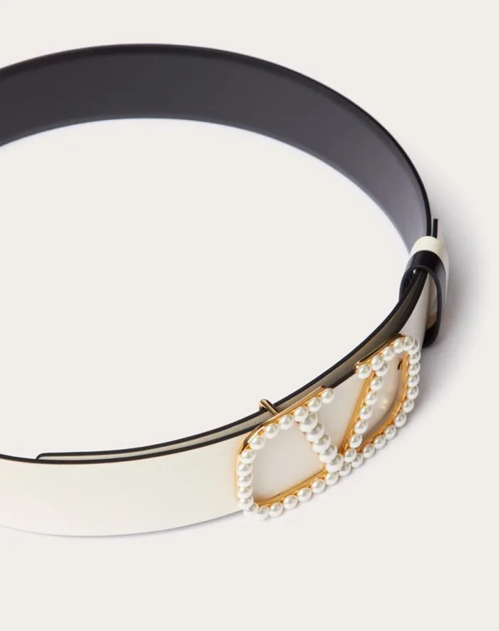 Valentino Belts Woman Vlogo Signature Reversible Belt In Shiny Calfskin With Pearls 40 Mm For Woman In Blacklight Ivory Blacklight Ivory Valentino Belts Woman Vlogo Signature Reversible Belt In Shiny Calfskin With Pearls 40 Mm For Woman In Blacklight Ivory Blacklight Ivory