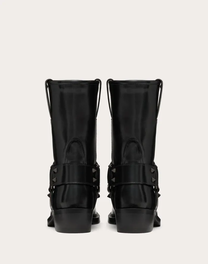 Valentino Boots Woman Rockstud Calfskin Biker Ankle Boot 40mm For Woman In Black Black Valentino Boots Woman Rockstud Calfskin Biker Ankle Boot 40mm For Woman In Black Black