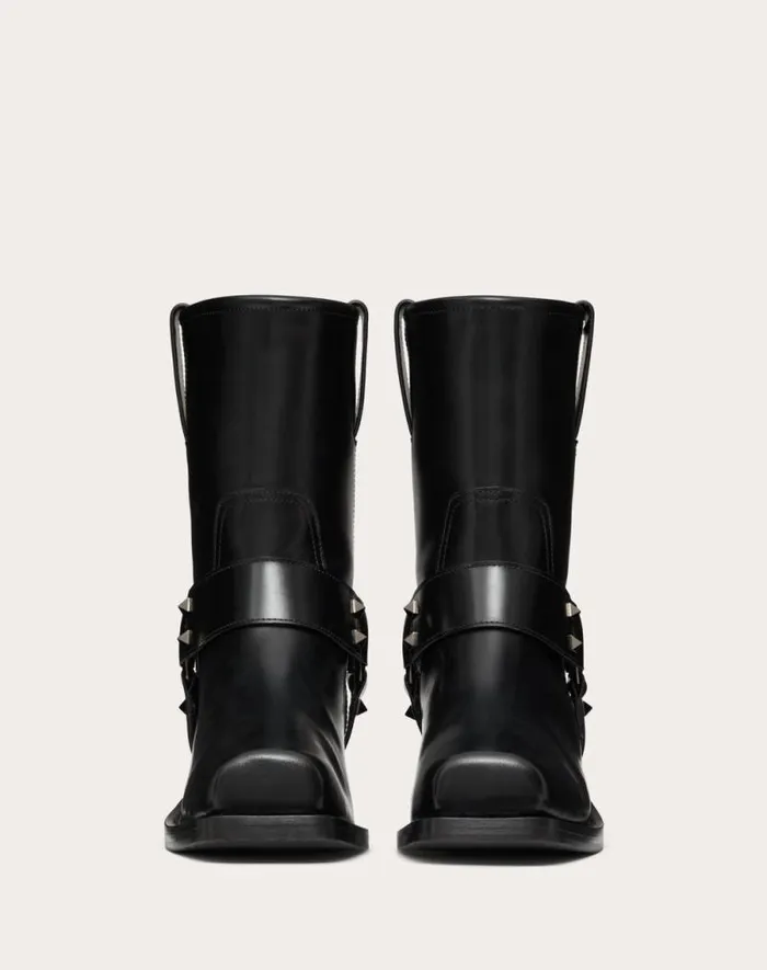 Valentino Boots Woman Rockstud Calfskin Biker Ankle Boot 40mm For Woman In Black Black Valentino Boots Woman Rockstud Calfskin Biker Ankle Boot 40mm For Woman In Black Black