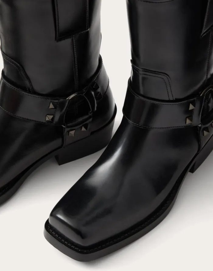 Valentino Boots Woman Rockstud Calfskin Biker Ankle Boot 40mm For Woman In Black Black Valentino Boots Woman Rockstud Calfskin Biker Ankle Boot 40mm For Woman In Black Black