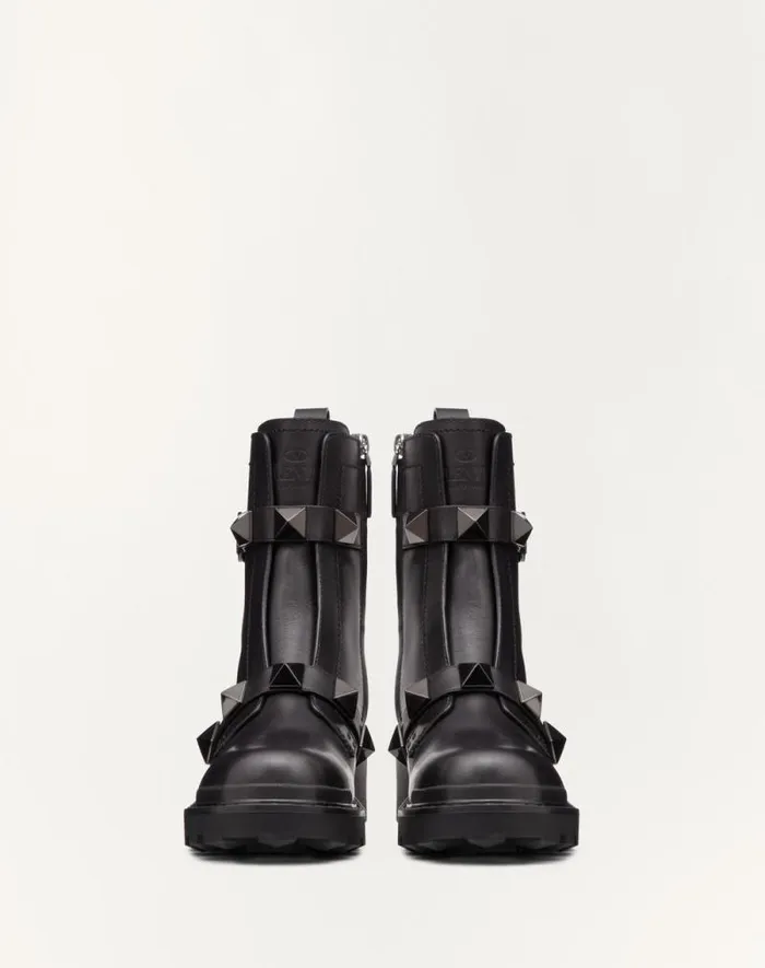 Valentino Boots Woman Roman Stud Calfskin Combat Boot With Tonal Studs 40mm For Woman In Black Black Valentino Boots Woman Roman Stud Calfskin Combat Boot With Tonal Studs 40mm For Woman In Black Black