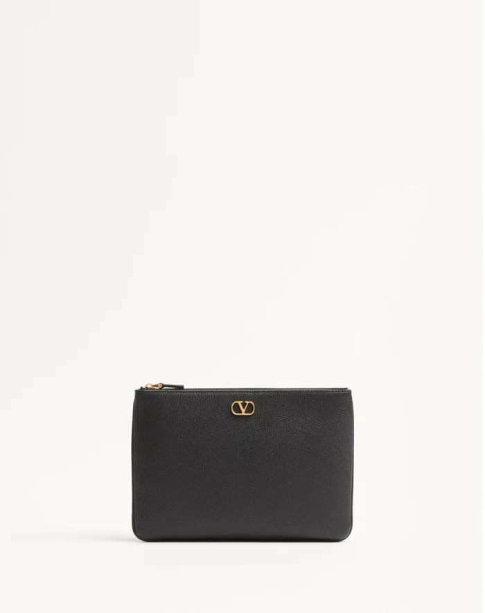 Valentino Clutches Woman Vlogo Signature Grainy Calfskin Clutch Bag For Woman In Black Black Valentino Clutches Woman Vlogo Signature Grainy Calfskin Clutch Bag For Woman In Black Black