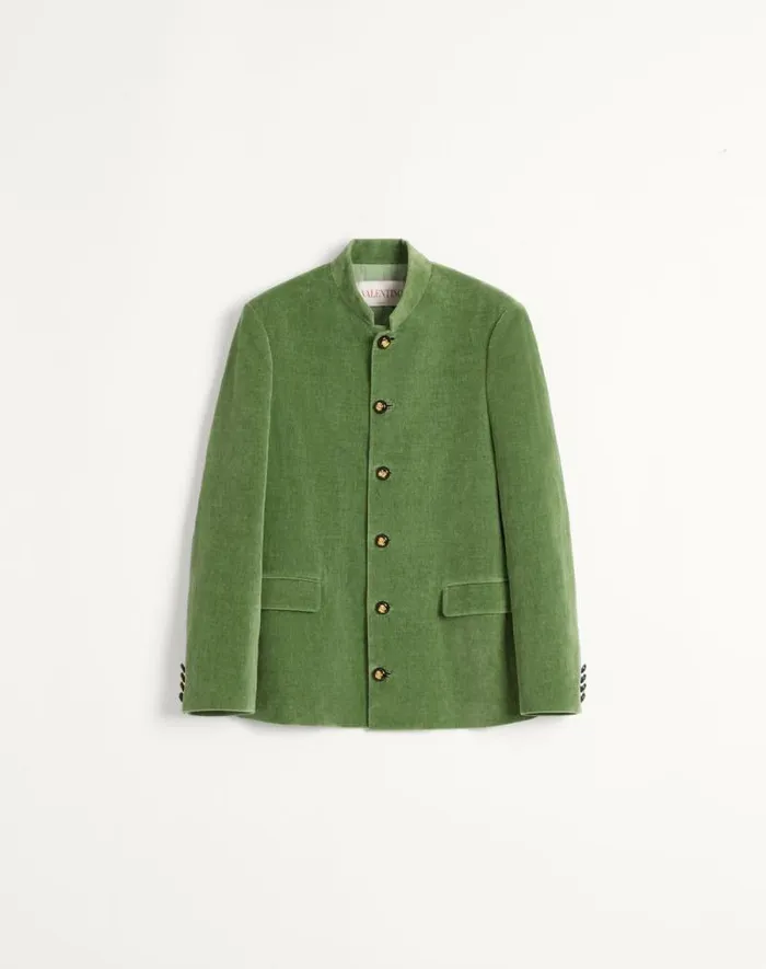 Valentino Coats And Blazers Man Cotton Velvet And Washed Linen Jacket With Mandarin Collar For Man In Laurel Laurel Valentino Coats And Blazers Man Cotton Velvet And Washed Linen Jacket With Mandarin Collar For Man In Laurel Laurel