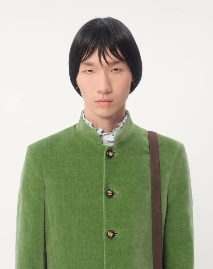 Valentino Coats And Blazers Man Cotton Velvet And Washed Linen Jacket With Mandarin Collar For Man In Laurel Laurel Valentino Coats And Blazers Man Cotton Velvet And Washed Linen Jacket With Mandarin Collar For Man In Laurel Laurel