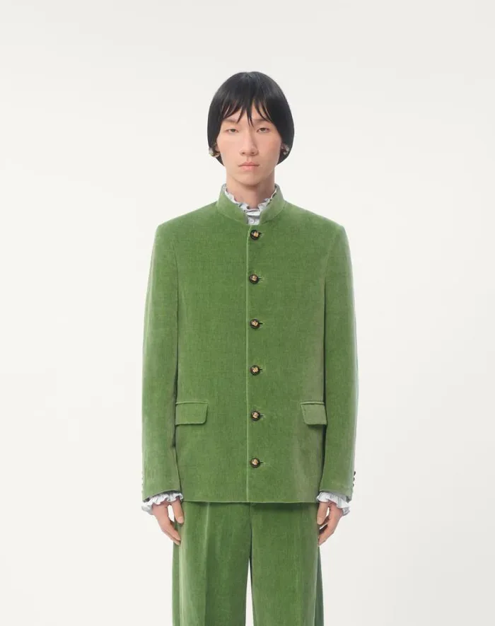 Valentino Coats And Blazers Man Cotton Velvet And Washed Linen Jacket With Mandarin Collar For Man In Laurel Laurel Valentino Coats And Blazers Man Cotton Velvet And Washed Linen Jacket With Mandarin Collar For Man In Laurel Laurel