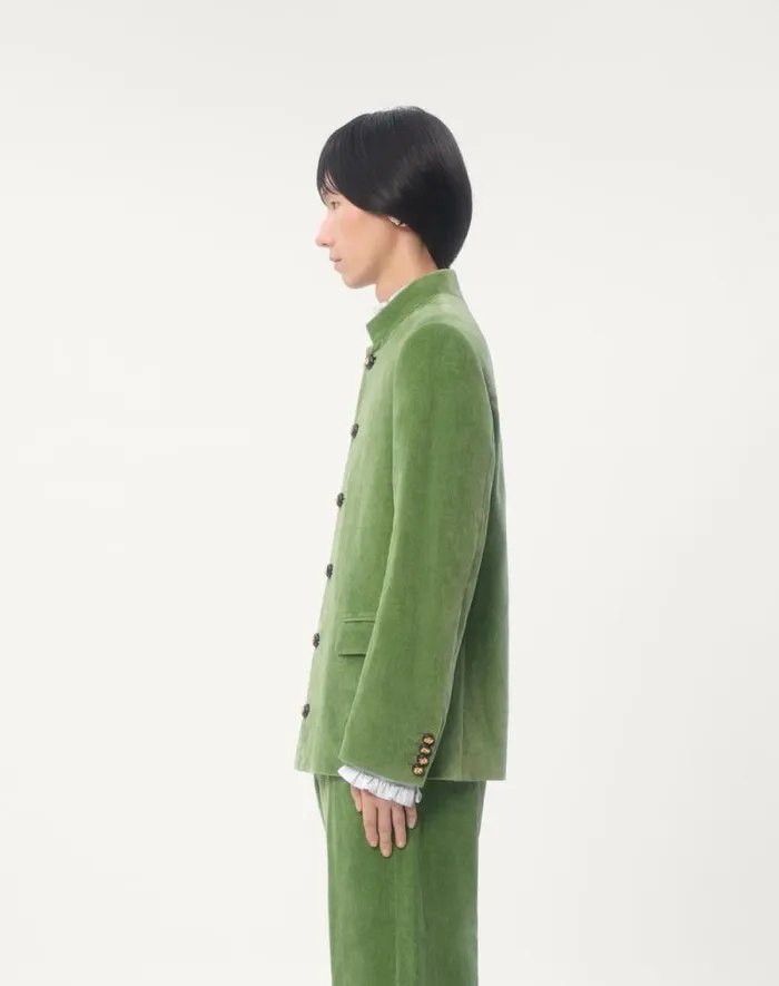 Valentino Coats And Blazers Man Cotton Velvet And Washed Linen Jacket With Mandarin Collar For Man In Laurel Laurel Valentino Coats And Blazers Man Cotton Velvet And Washed Linen Jacket With Mandarin Collar For Man In Laurel Laurel