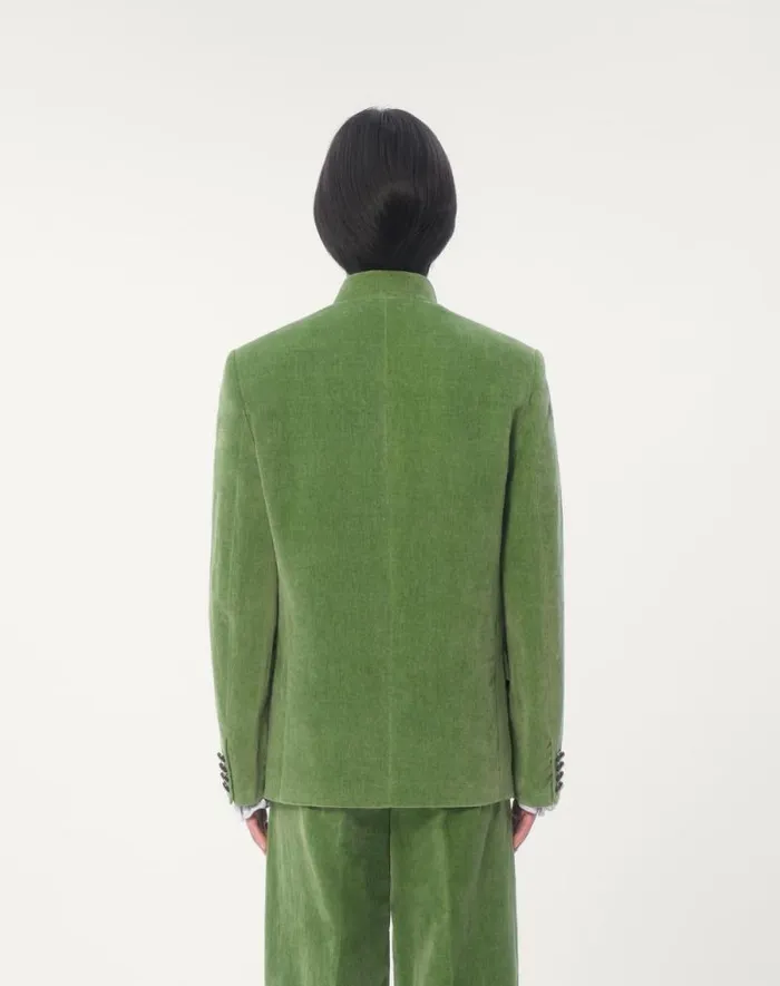 Valentino Coats And Blazers Man Cotton Velvet And Washed Linen Jacket With Mandarin Collar For Man In Laurel Laurel Valentino Coats And Blazers Man Cotton Velvet And Washed Linen Jacket With Mandarin Collar For Man In Laurel Laurel