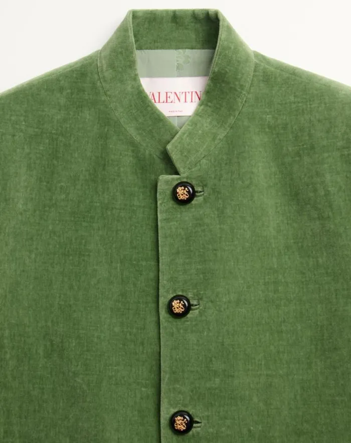 Valentino Coats And Blazers Man Cotton Velvet And Washed Linen Jacket With Mandarin Collar For Man In Laurel Laurel Valentino Coats And Blazers Man Cotton Velvet And Washed Linen Jacket With Mandarin Collar For Man In Laurel Laurel