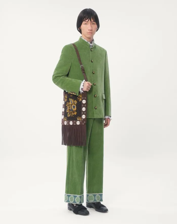 Valentino Coats And Blazers Man Cotton Velvet And Washed Linen Jacket With Mandarin Collar For Man In Laurel Laurel Valentino Coats And Blazers Man Cotton Velvet And Washed Linen Jacket With Mandarin Collar For Man In Laurel Laurel