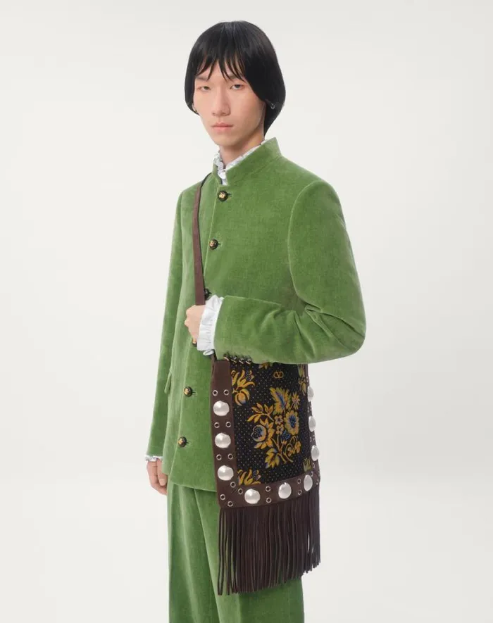Valentino Coats And Blazers Man Cotton Velvet And Washed Linen Jacket With Mandarin Collar For Man In Laurel Laurel Valentino Coats And Blazers Man Cotton Velvet And Washed Linen Jacket With Mandarin Collar For Man In Laurel Laurel