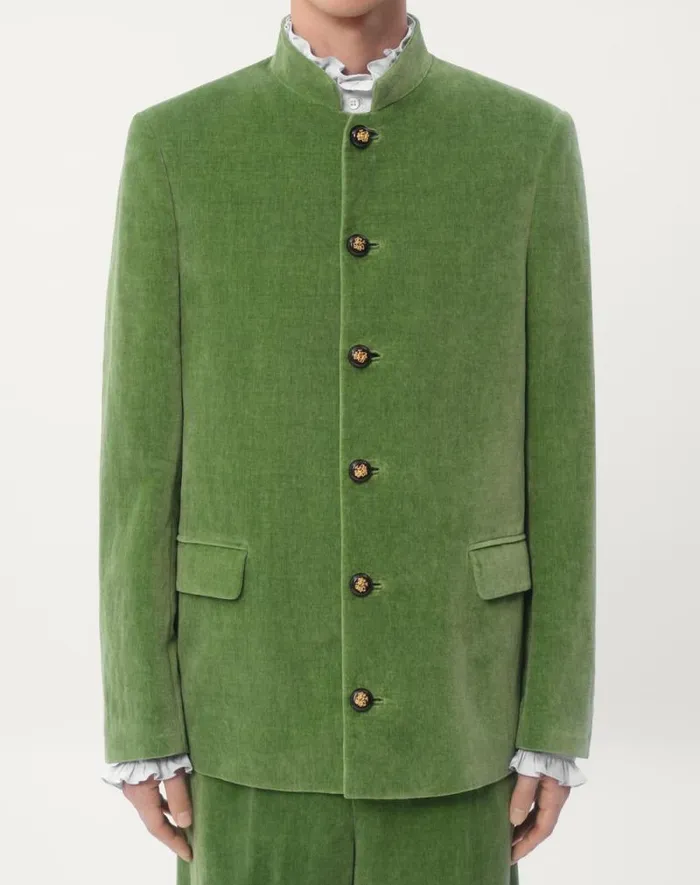 Valentino Coats And Blazers Man Cotton Velvet And Washed Linen Jacket With Mandarin Collar For Man In Laurel Laurel Valentino Coats And Blazers Man Cotton Velvet And Washed Linen Jacket With Mandarin Collar For Man In Laurel Laurel