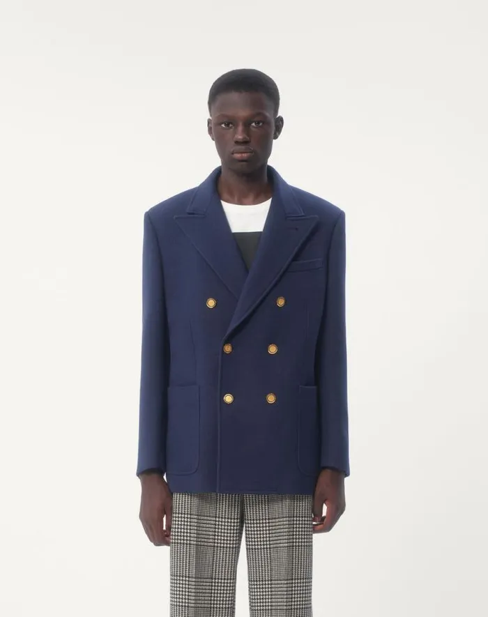 Valentino Coats And Blazers Man Doublebreasted Double Wool Jacket For Man In Indigo Indigo Valentino Coats And Blazers Man Doublebreasted Double Wool Jacket For Man In Indigo Indigo