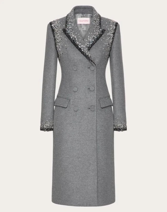 Valentino Coats And Outerwear Woman Embroidered Wool Coat For Woman In Graysilver Graysilver Valentino Coats And Outerwear Woman Embroidered Wool Coat For Woman In Graysilver Graysilver