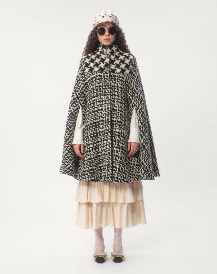 Valentino Coats And Outerwear Woman Geometric Tweed Cape For Woman In Ivoryblack Ivoryblack