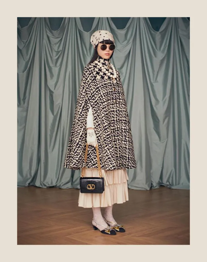Valentino Coats And Outerwear Woman Geometric Tweed Cape For Woman In Ivoryblack Ivoryblack