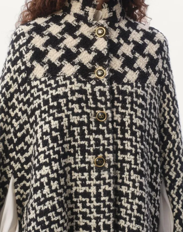 Valentino Coats And Outerwear Woman Geometric Tweed Cape For Woman In Ivoryblack Ivoryblack