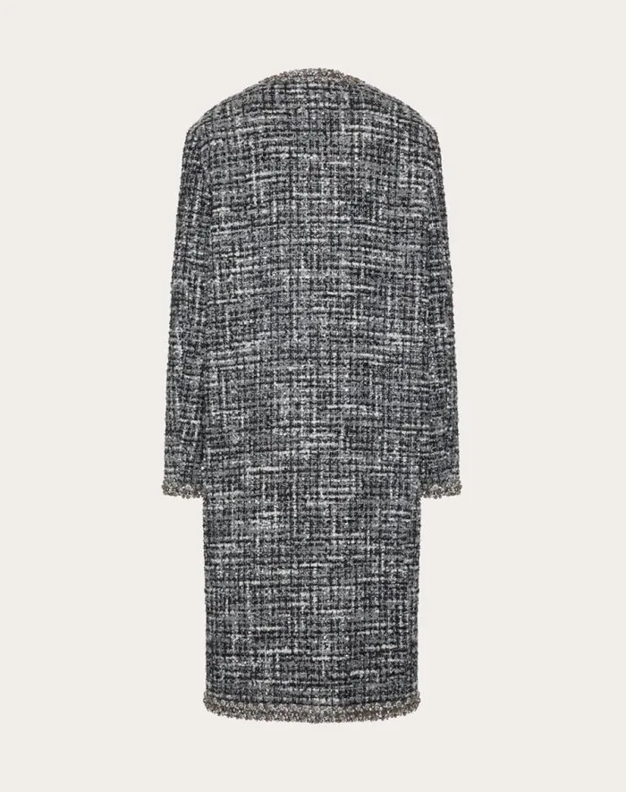 Valentino Coats And Outerwear Woman Tweed Melange Embroidered Coat For Woman In Black Black