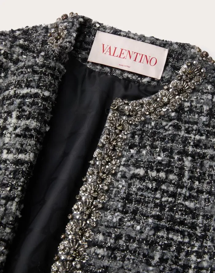 Valentino Coats And Outerwear Woman Tweed Melange Embroidered Coat For Woman In Black Black