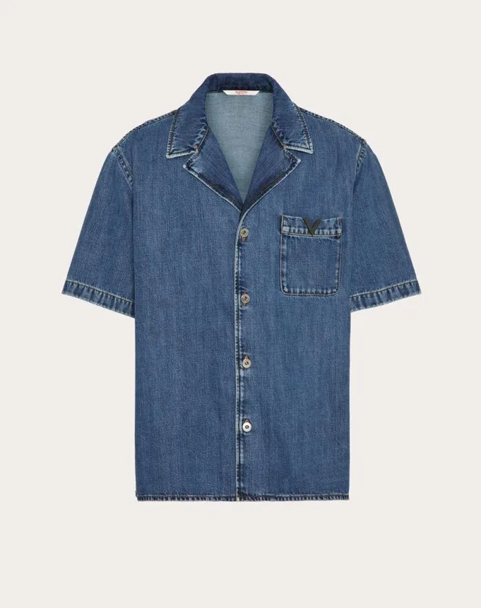 Valentino Denim Man Denim Bowling Shirt With Metallic V Detail For Man In Denim Denim Valentino Denim Man Denim Bowling Shirt With Metallic V Detail For Man In Denim Denim