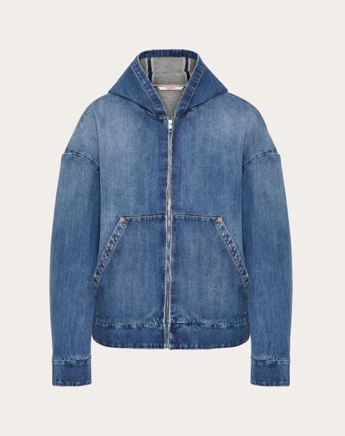 Valentino Denim Man Denim Jacket With Hood For Man In Denim Denim