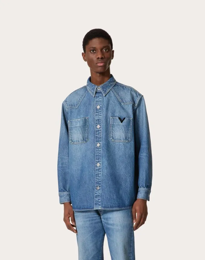 Valentino Denim Man Denim Shirt With Metallic V Detail For Man In Denim Denim