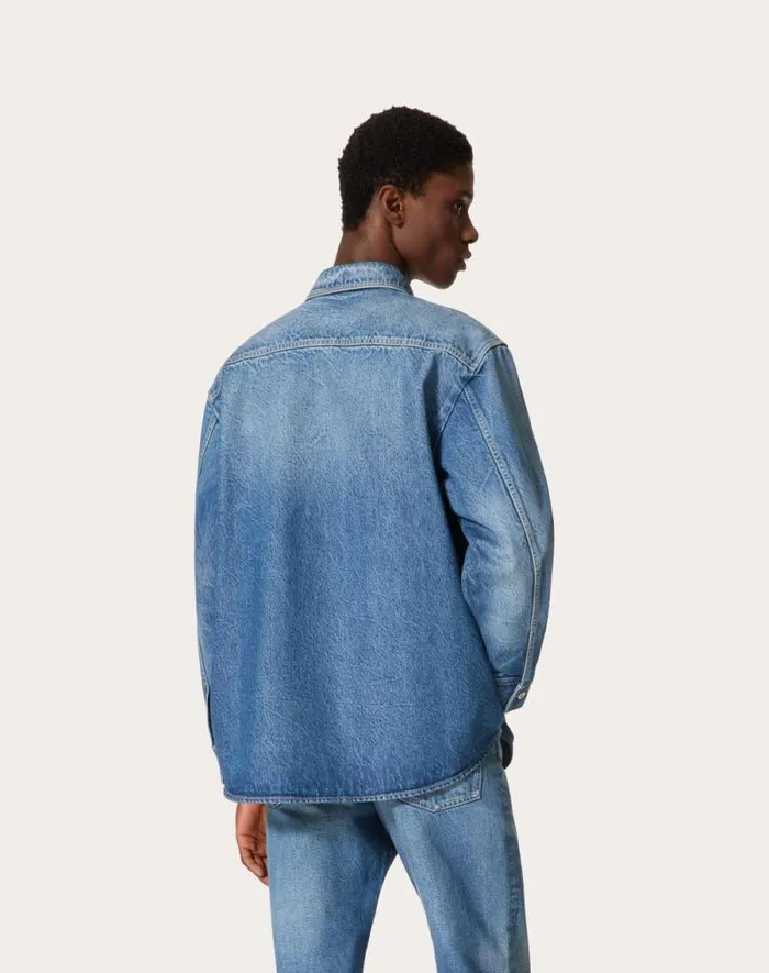 Valentino Denim Man Denim Shirt With Metallic V Detail For Man In Denim Denim