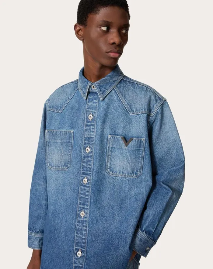 Valentino Denim Man Denim Shirt With Metallic V Detail For Man In Denim Denim