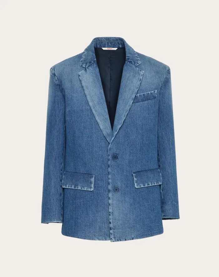 Valentino Denim Man Singlebreasted Denim Jacket Laminated With Neoprene Scuba For Man In Denim Denim Valentino Denim Man Singlebreasted Denim Jacket Laminated With Neoprene Scuba For Man In Denim Denim